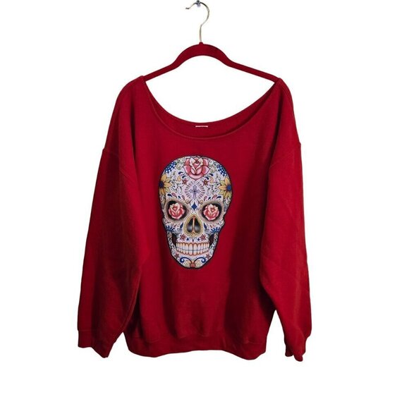 Red Oversized Off Shoulder Sugar Skull Day Of The Dead Sweatshirt Spider 2X - Picture 2 of 5